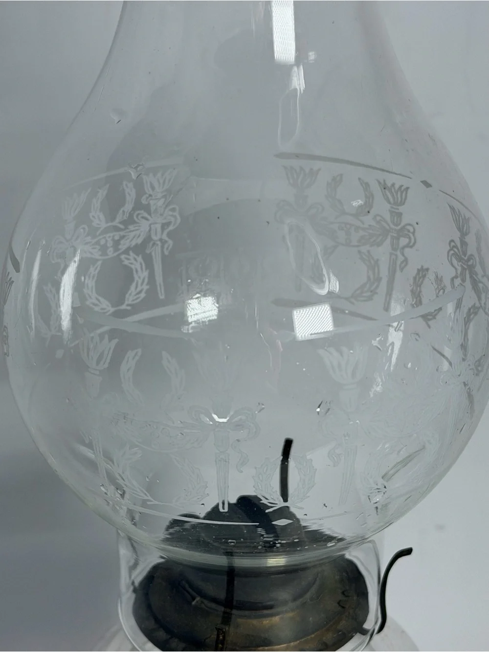 Vintage Clear Glass Pedestal Oil Lamp with Etched Chimney – 17